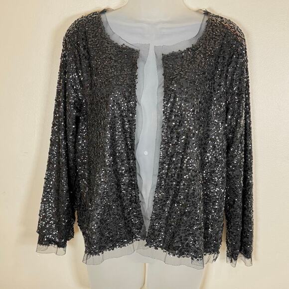 J. Crew Womens Black Sequin Cardigan Sheer Hem Puma Cotton Modal Glam Medium - Picture 1 of 7